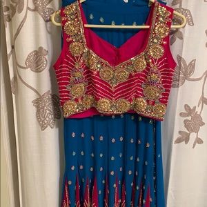 Blue and pink beaded saree